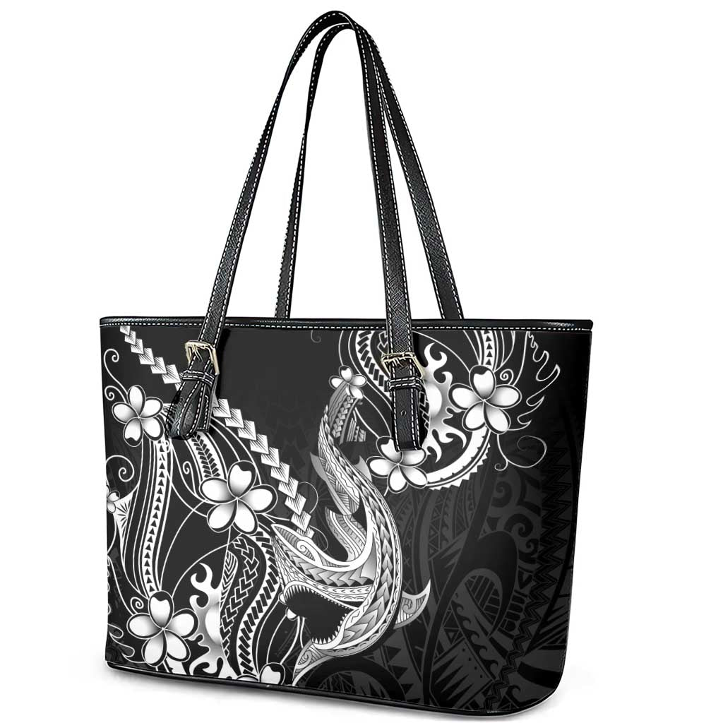 Black Aloha Hawaii Leather Tote Bag Polynesian Shark Tattoo With Plumeria - Polynesian Pride