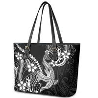 Black Aloha Hawaii Leather Tote Bag Polynesian Shark Tattoo With Plumeria - Polynesian Pride