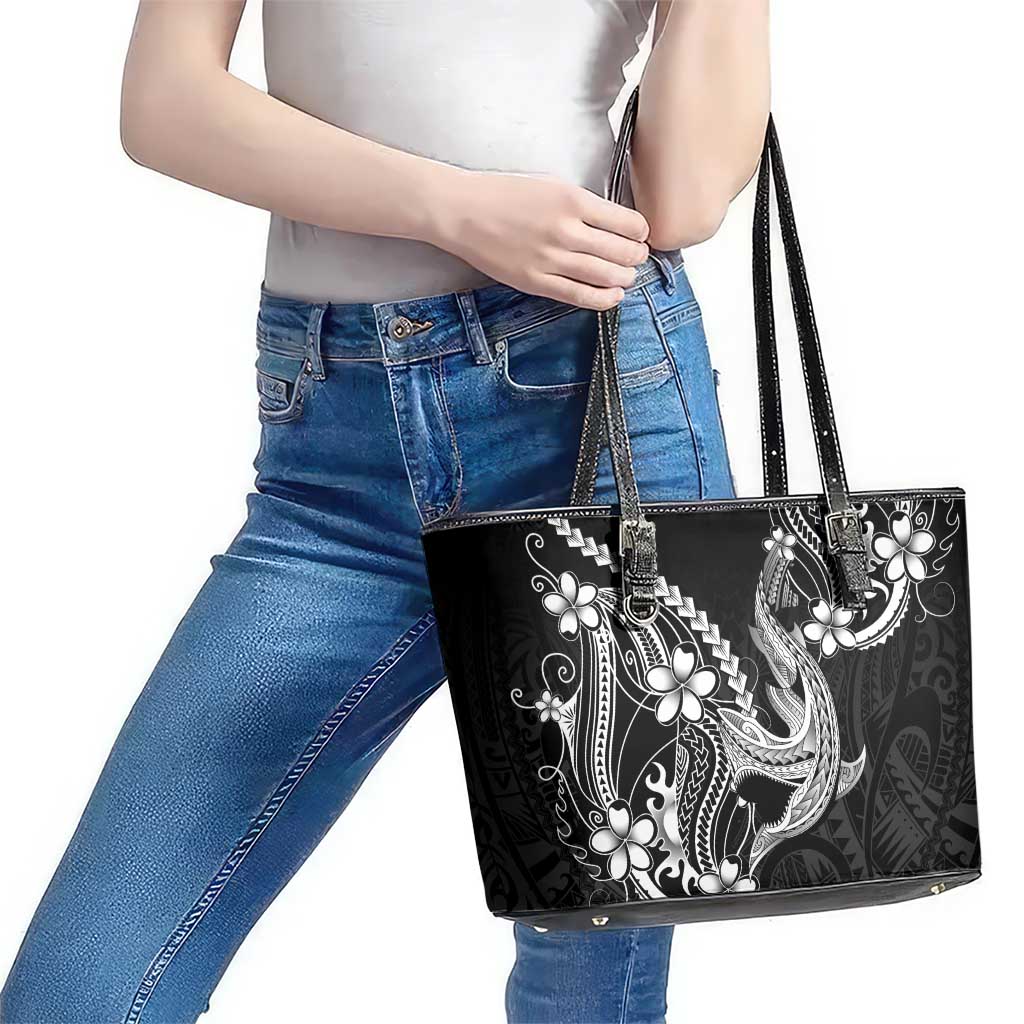Black Aloha Hawaii Leather Tote Bag Polynesian Shark Tattoo With Plumeria - Polynesian Pride