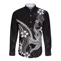 Black Aloha Hawaii Long Sleeve Button Shirt Polynesian Shark Tattoo With Plumeria LT14 Unisex Black - Polynesian Pride