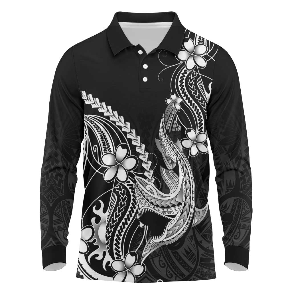 Black Aloha Hawaii Long Sleeve Polo Shirt Polynesian Shark Tattoo With Plumeria LT14 Black - Polynesian Pride