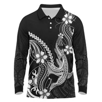 Black Aloha Hawaii Long Sleeve Polo Shirt Polynesian Shark Tattoo With Plumeria LT14 Black - Polynesian Pride
