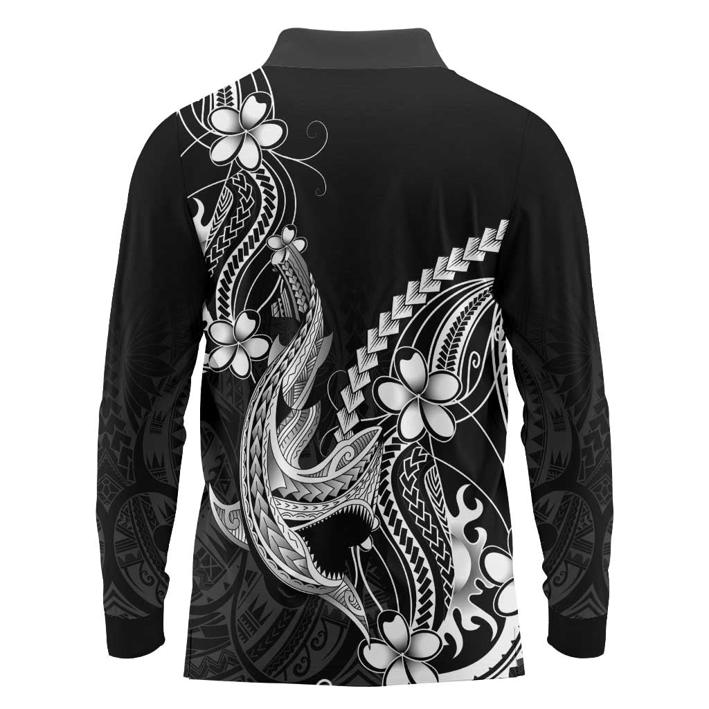 Black Aloha Hawaii Long Sleeve Polo Shirt Polynesian Shark Tattoo With Plumeria LT14 - Polynesian Pride