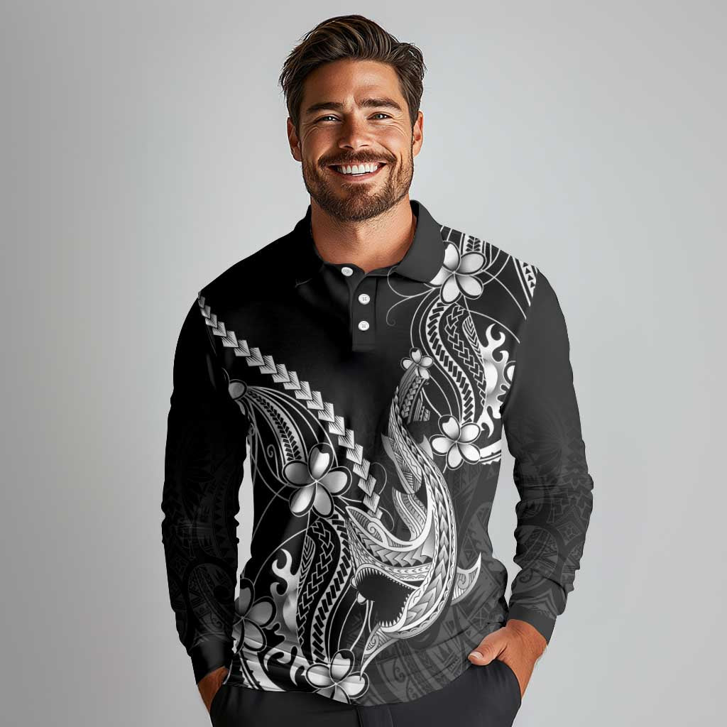 Black Aloha Hawaii Long Sleeve Polo Shirt Polynesian Shark Tattoo With Plumeria LT14 - Polynesian Pride