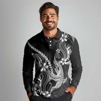 Black Aloha Hawaii Long Sleeve Polo Shirt Polynesian Shark Tattoo With Plumeria LT14 - Polynesian Pride