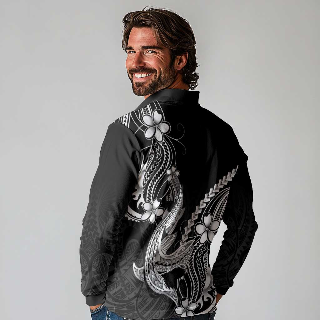 Black Aloha Hawaii Long Sleeve Polo Shirt Polynesian Shark Tattoo With Plumeria LT14 - Polynesian Pride