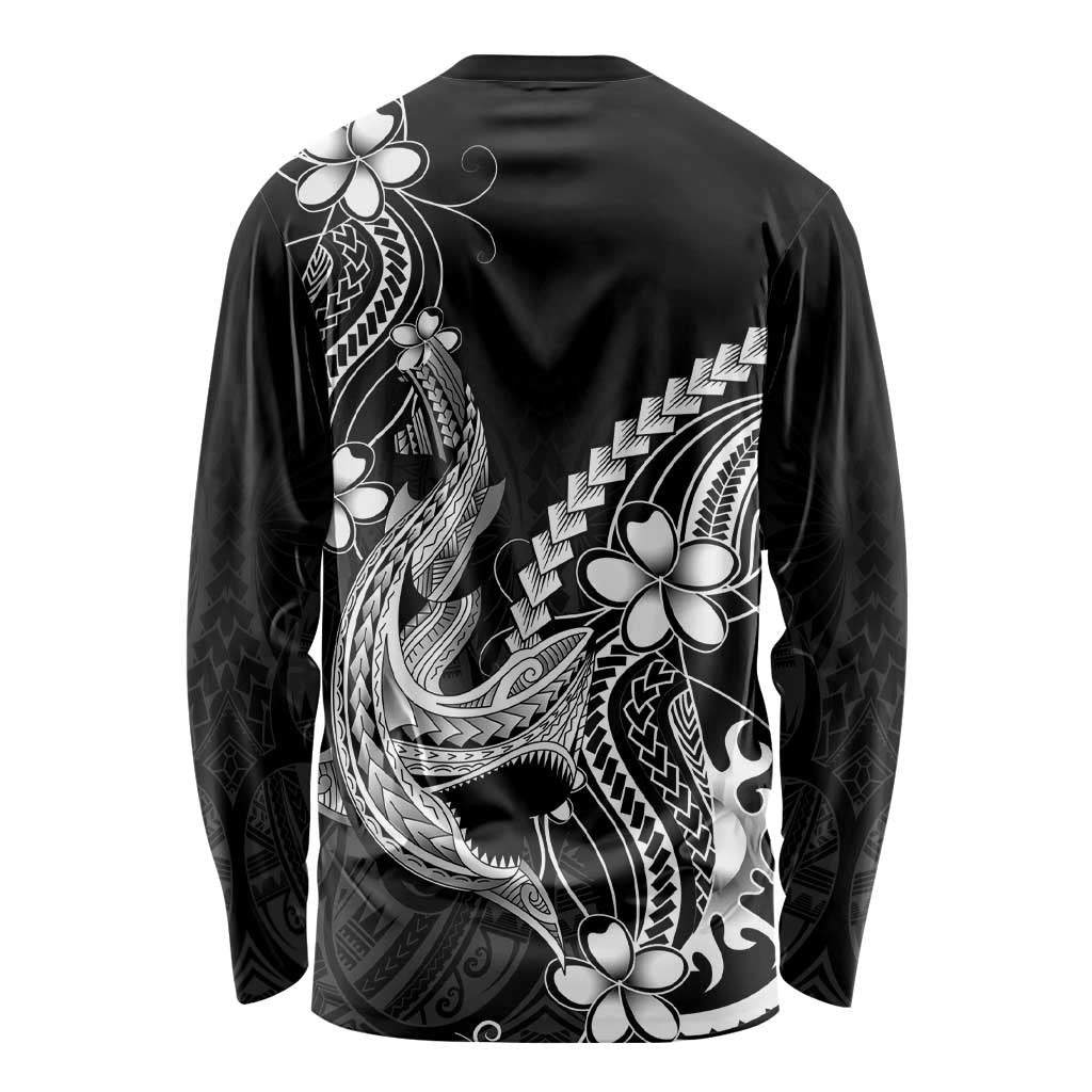 Black Aloha Hawaii Long Sleeve Shirt Polynesian Shark Tattoo With Plumeria LT14 - Polynesian Pride
