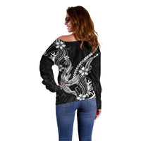 Black Aloha Hawaii Off Shoulder Sweater Polynesian Shark Tattoo With Plumeria - Polynesian Pride