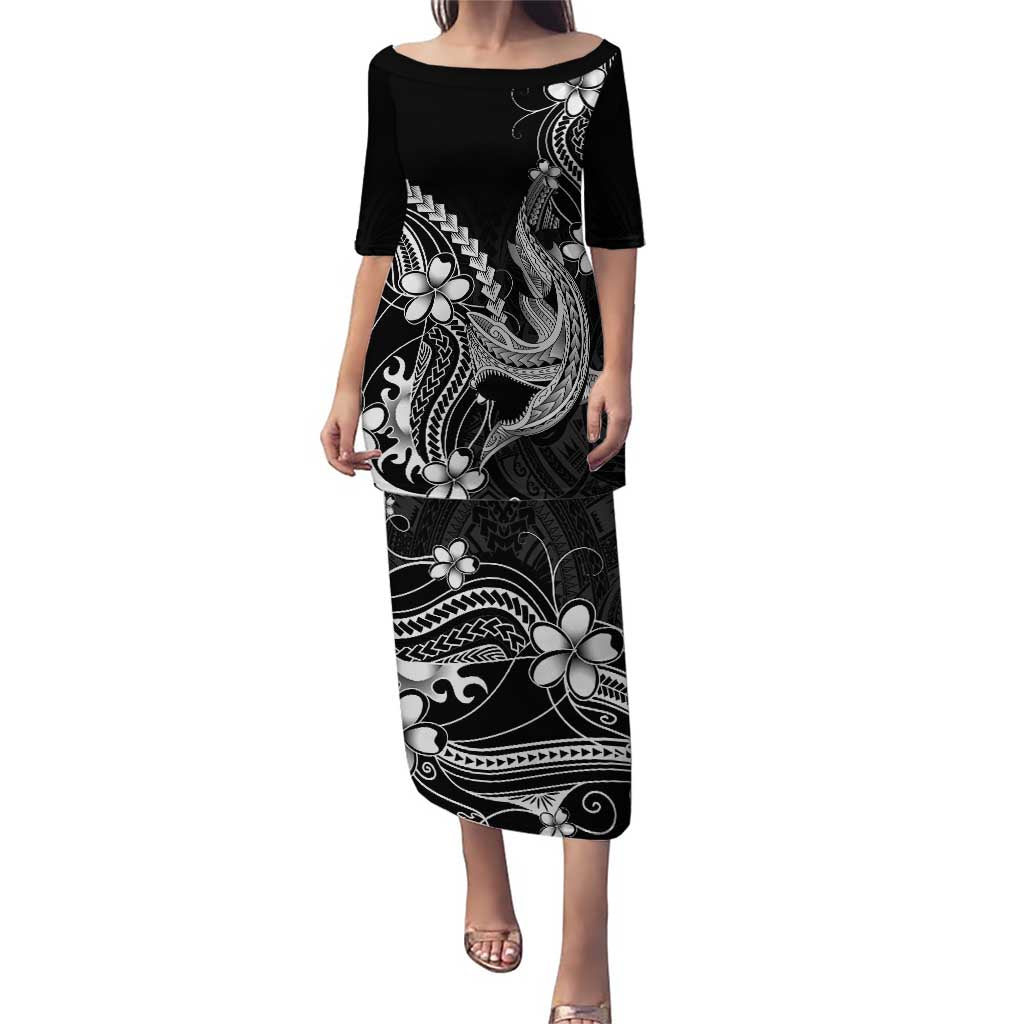 Black Aloha Hawaii Puletasi Polynesian Shark Tattoo With Plumeria LT14 Long Dress Black - Polynesian Pride