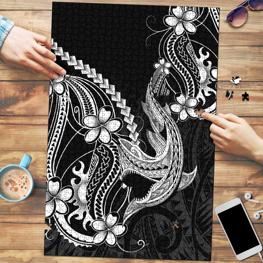 Black Aloha Hawaii Puzzle Polynesian Shark Tattoo With Plumeria LT14 Black - Polynesian Pride
