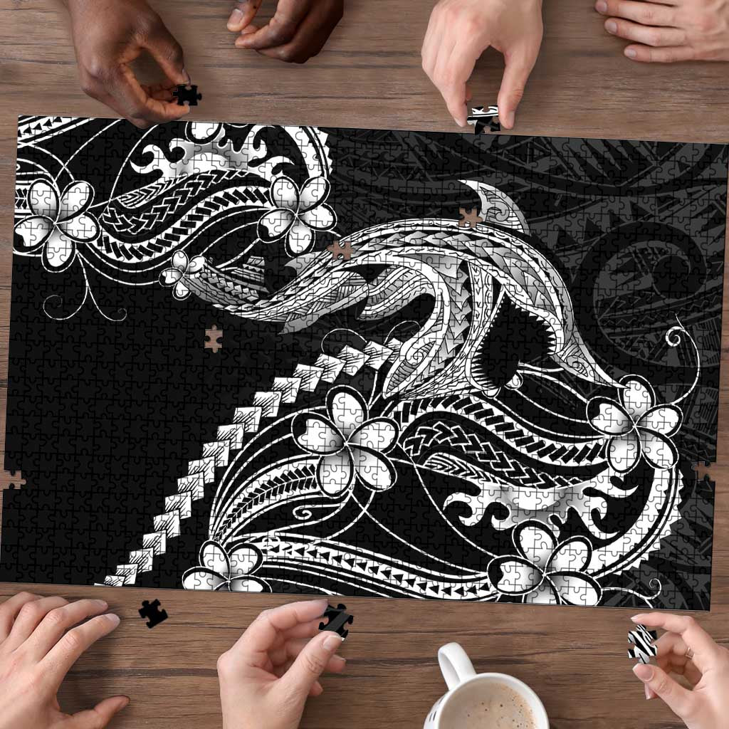 Black Aloha Hawaii Puzzle Polynesian Shark Tattoo With Plumeria LT14 - Polynesian Pride
