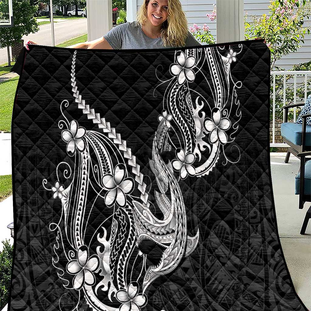 Black Aloha Hawaii Quilt Polynesian Shark Tattoo With Plumeria - Polynesian Pride