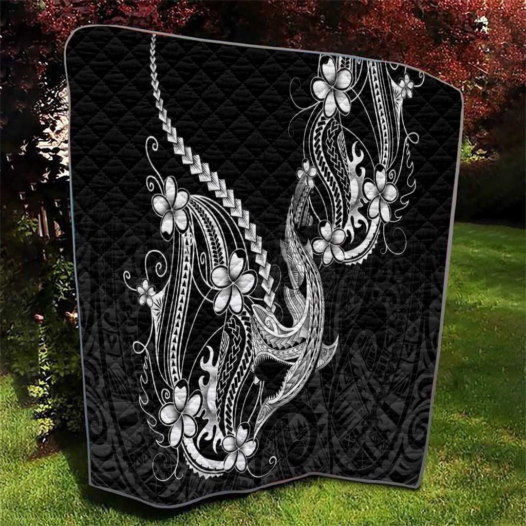 Black Aloha Hawaii Quilt Polynesian Shark Tattoo With Plumeria - Polynesian Pride
