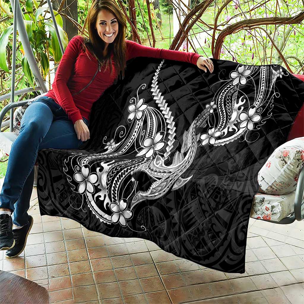 Black Aloha Hawaii Quilt Polynesian Shark Tattoo With Plumeria - Polynesian Pride