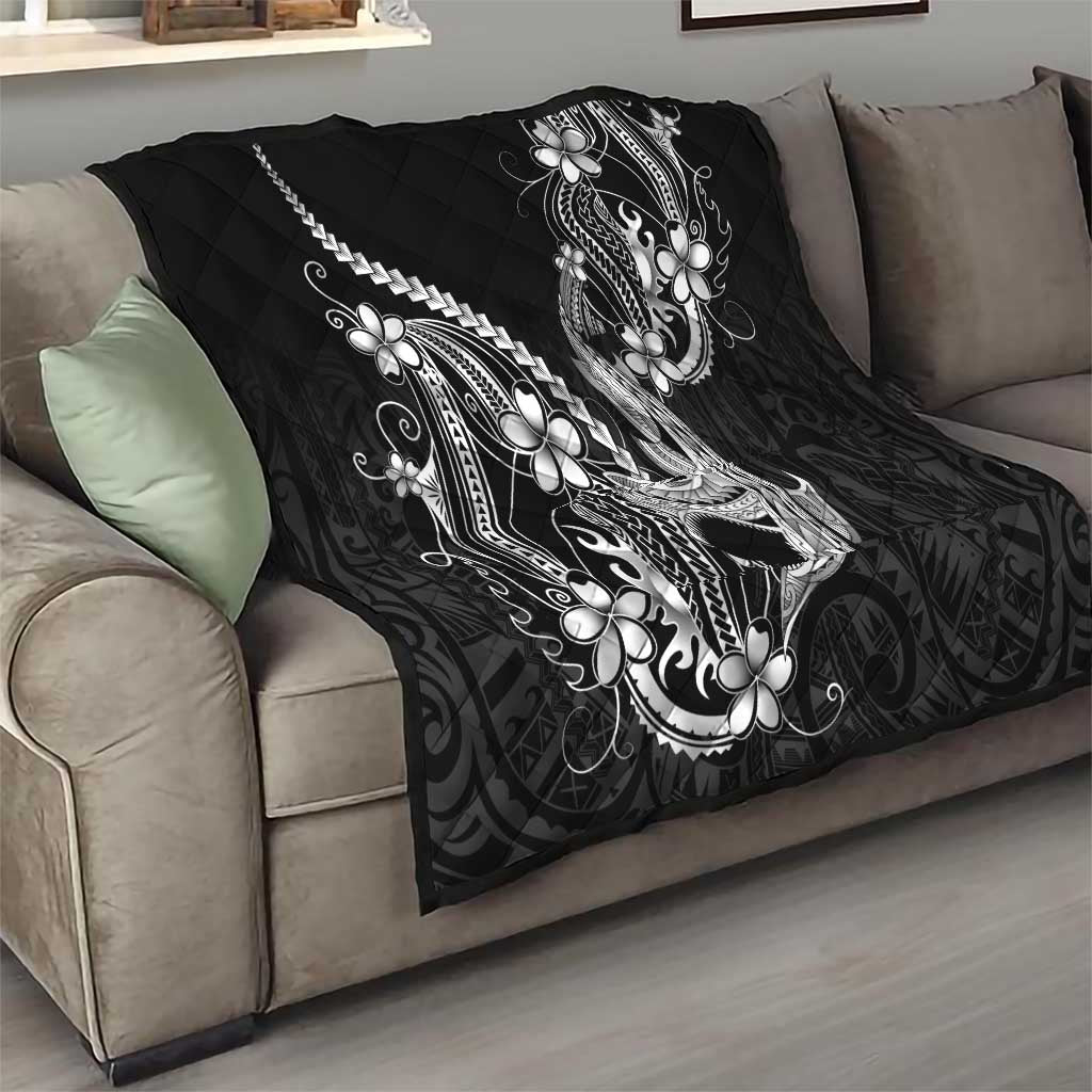 Black Aloha Hawaii Quilt Polynesian Shark Tattoo With Plumeria - Polynesian Pride