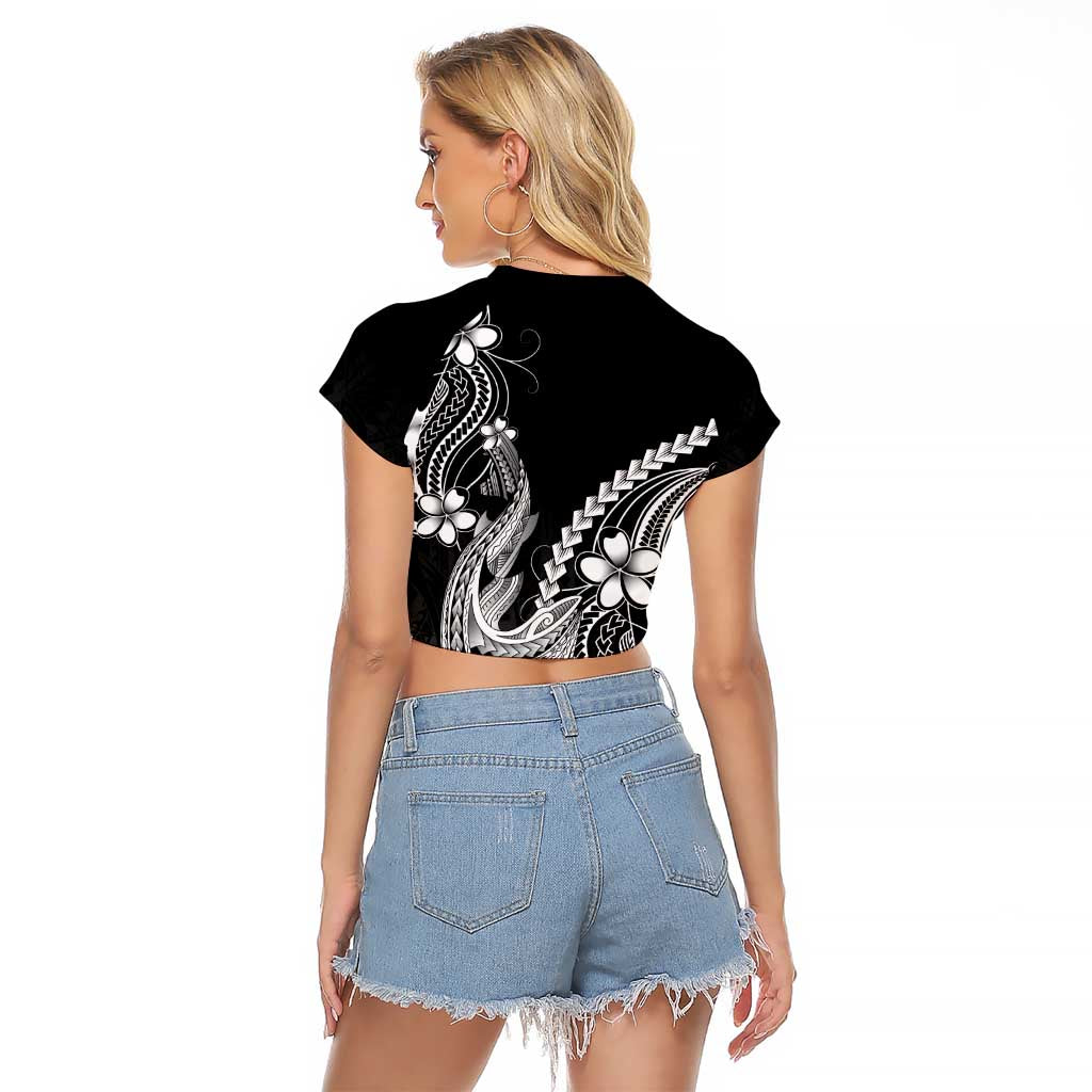 Black Aloha Hawaii Raglan Cropped T Shirt Polynesian Shark Tattoo With Plumeria LT14 - Polynesian Pride