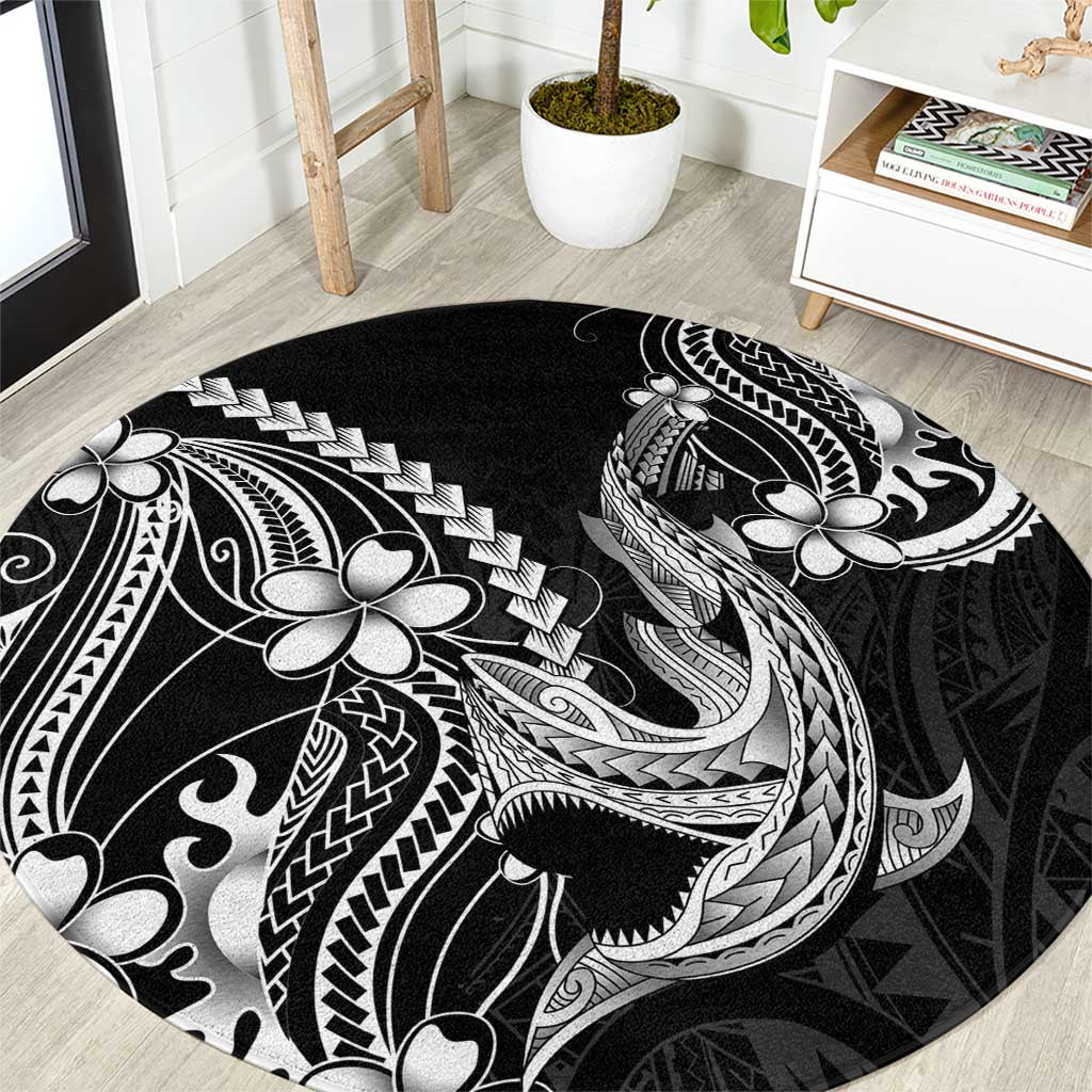 Black Aloha Hawaii Round Carpet Polynesian Shark Tattoo With Plumeria - Polynesian Pride
