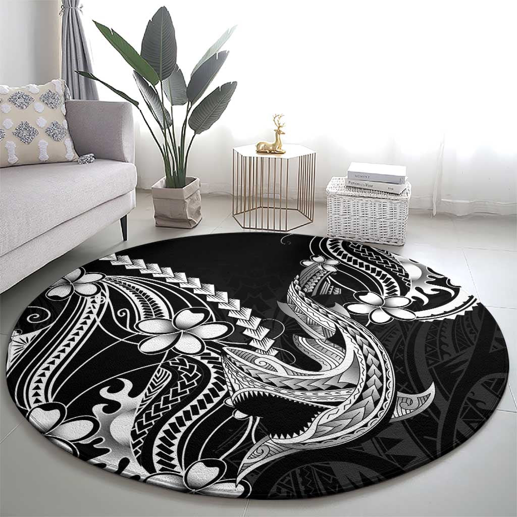 Black Aloha Hawaii Round Carpet Polynesian Shark Tattoo With Plumeria - Polynesian Pride