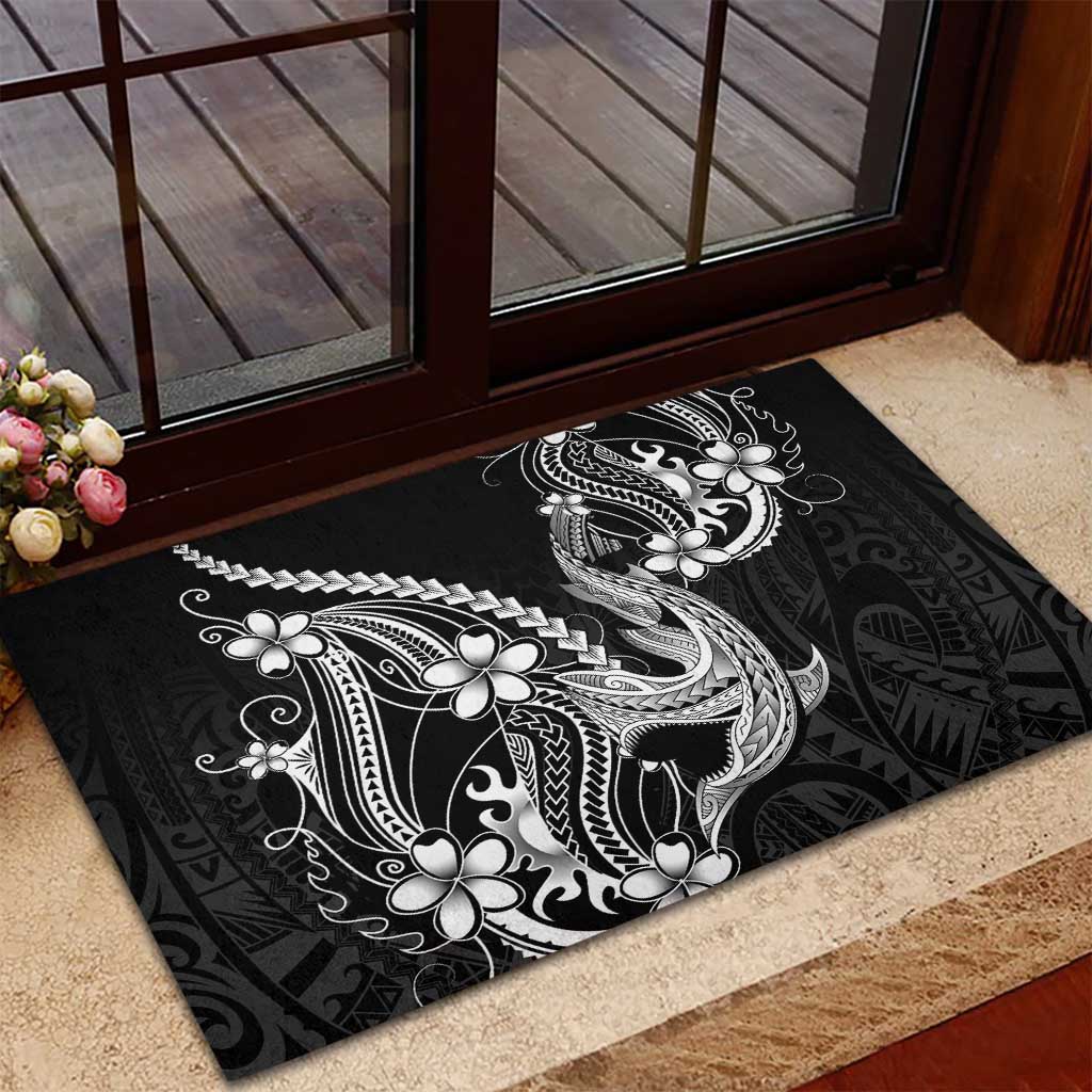 Black Aloha Hawaii Rubber Doormat Polynesian Shark Tattoo With Plumeria LT14 - Polynesian Pride