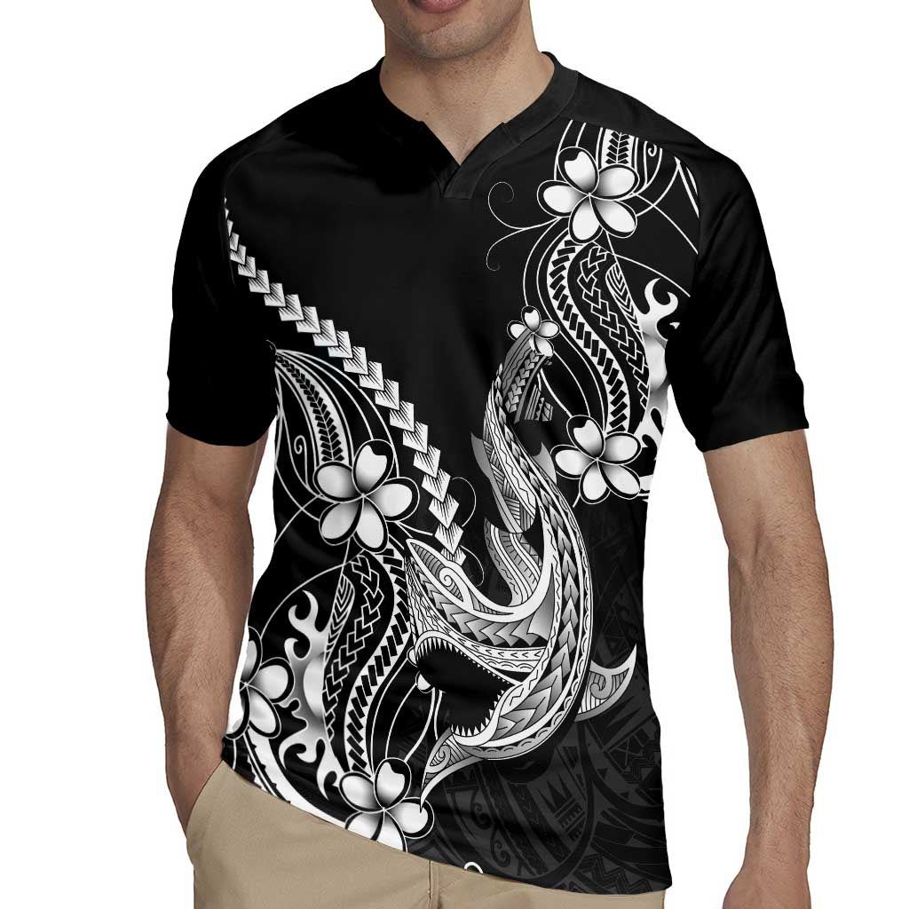 Black Aloha Hawaii Rugby Jersey Polynesian Shark Tattoo With Plumeria - Polynesian Pride