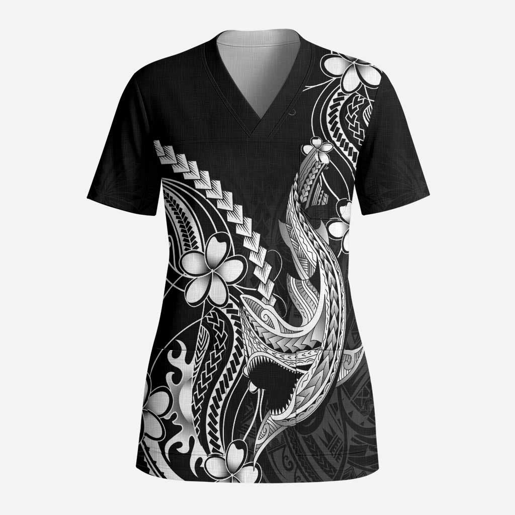 Black Aloha Hawaii Scrub Top Polynesian Shark Tattoo With Plumeria LT14 Adult Black - Polynesian Pride