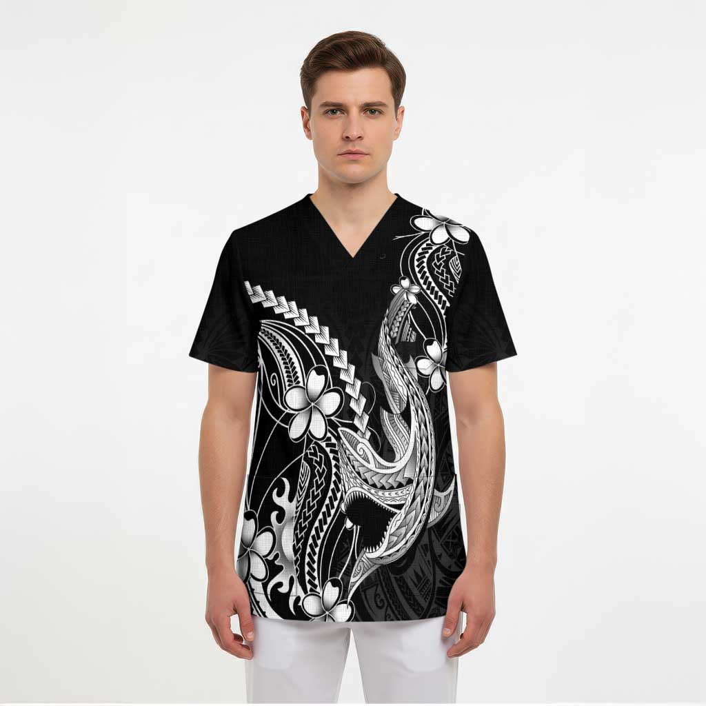Black Aloha Hawaii Scrub Top Polynesian Shark Tattoo With Plumeria LT14 - Polynesian Pride