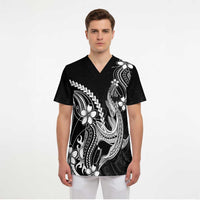 Black Aloha Hawaii Scrub Top Polynesian Shark Tattoo With Plumeria LT14 - Polynesian Pride