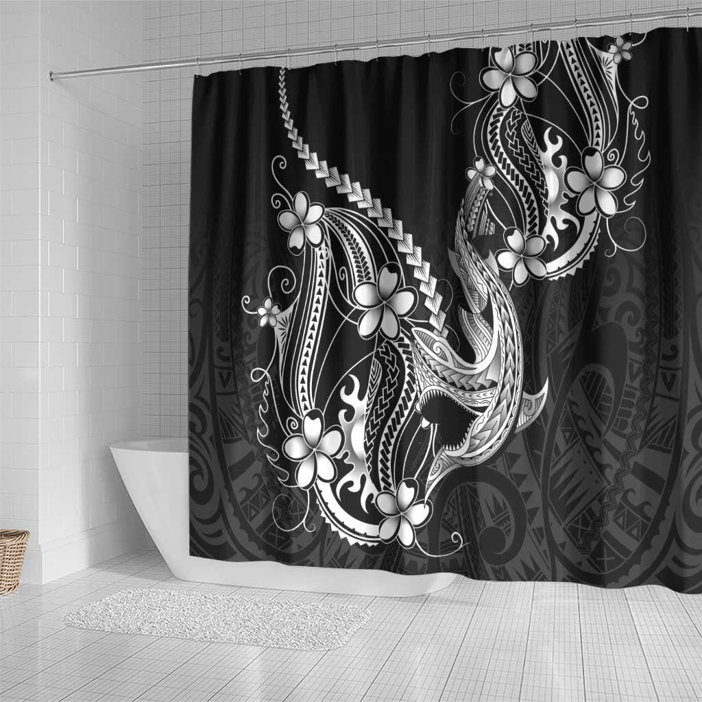 Black Aloha Hawaii Shower Curtain Polynesian Shark Tattoo With Plumeria - Polynesian Pride