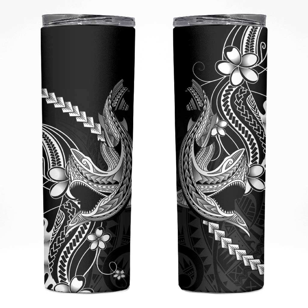 Black Aloha Hawaii Skinny Tumbler Polynesian Shark Tattoo With Plumeria - Polynesian Pride