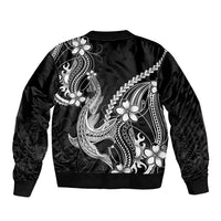 Black Aloha Hawaii Sleeve Zip Bomber Jacket Polynesian Shark Tattoo With Plumeria - Polynesian Pride
