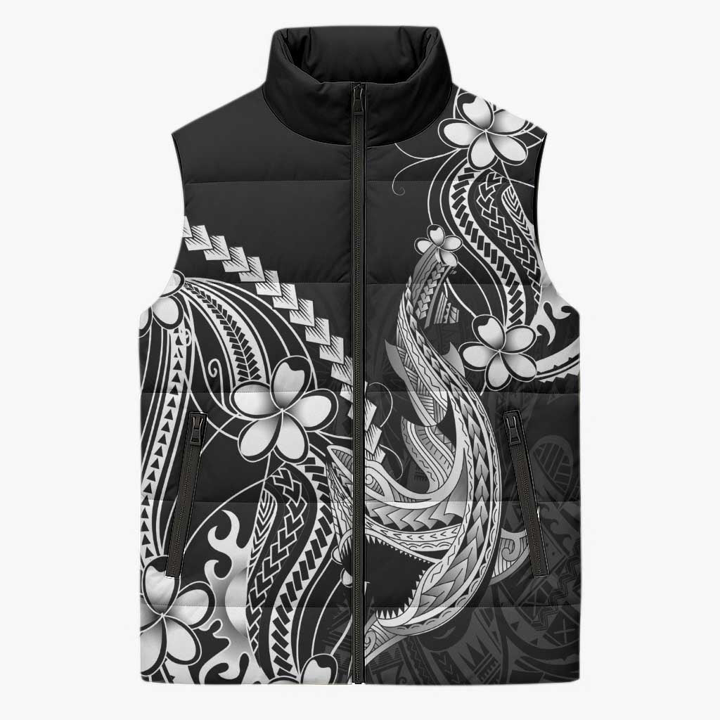 Black Aloha Hawaii Sleeveless Puffer Jacket Polynesian Shark Tattoo With Plumeria LT14 Unisex Black - Polynesian Pride