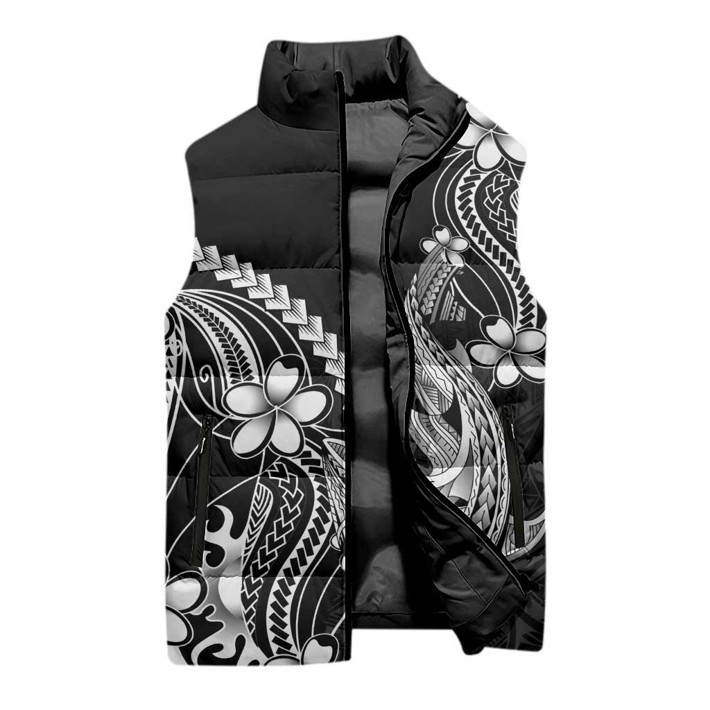 Black Aloha Hawaii Sleeveless Puffer Jacket Polynesian Shark Tattoo With Plumeria LT14 - Polynesian Pride