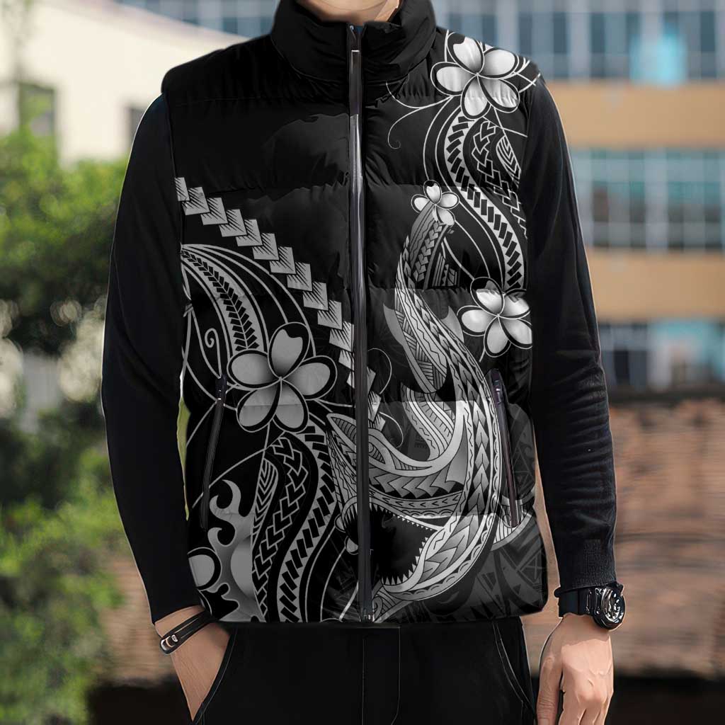 Black Aloha Hawaii Sleeveless Puffer Jacket Polynesian Shark Tattoo With Plumeria LT14 - Polynesian Pride