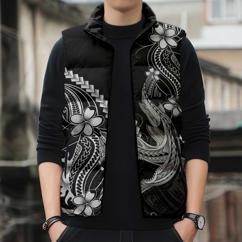 Black Aloha Hawaii Sleeveless Puffer Jacket Polynesian Shark Tattoo With Plumeria LT14 - Polynesian Pride