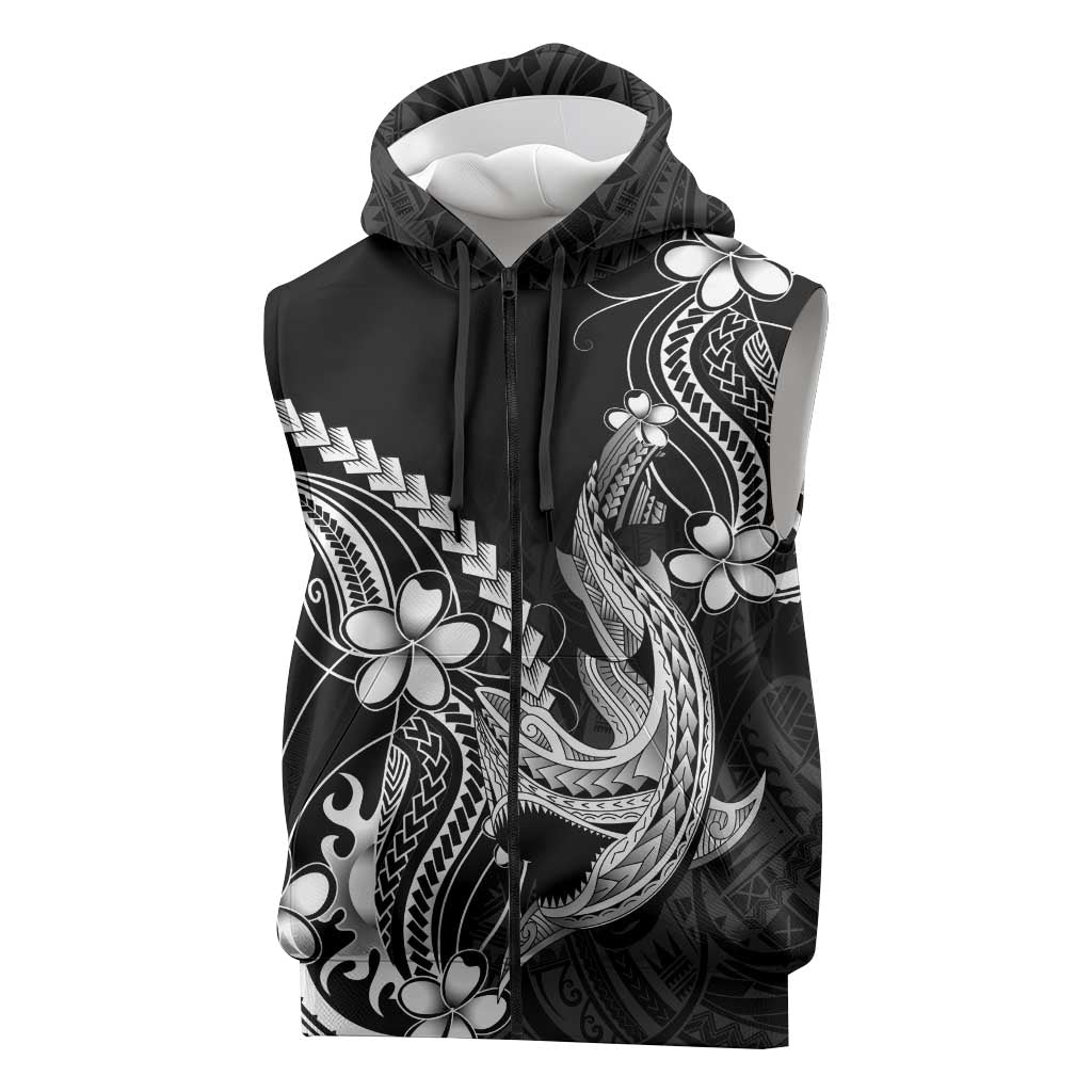 Black Aloha Hawaii Sleeveless Zip Hoodie Polynesian Shark Tattoo With Plumeria LT14 Black - Polynesian Pride