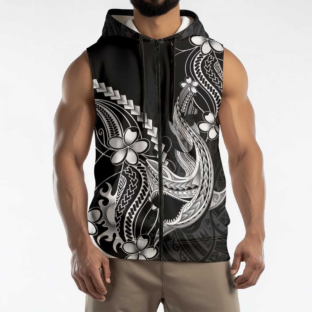 Black Aloha Hawaii Sleeveless Zip Hoodie Polynesian Shark Tattoo With Plumeria LT14 - Polynesian Pride