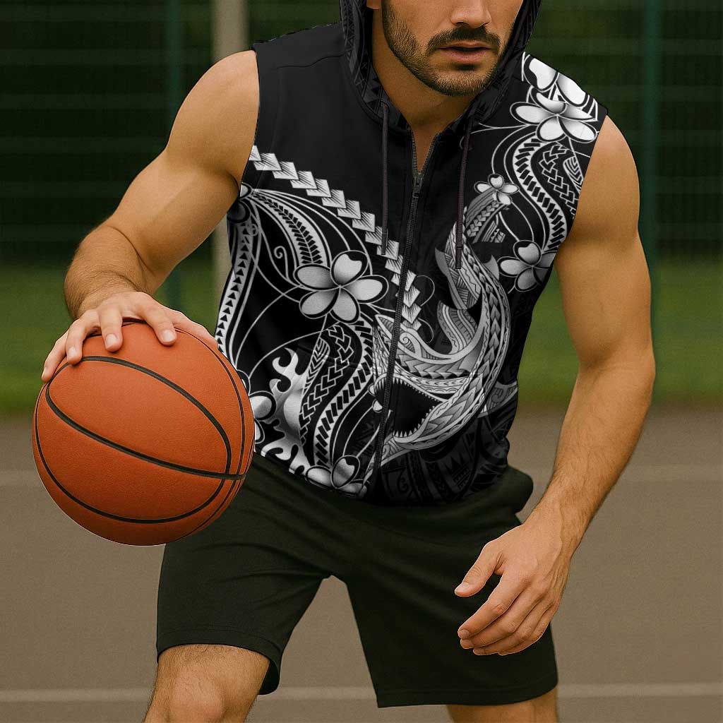 Black Aloha Hawaii Sleeveless Zip Hoodie Polynesian Shark Tattoo With Plumeria LT14 - Polynesian Pride