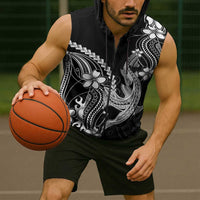Black Aloha Hawaii Sleeveless Zip Hoodie Polynesian Shark Tattoo With Plumeria LT14 - Polynesian Pride