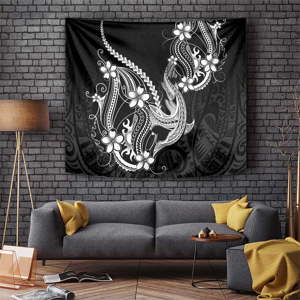 Black Aloha Hawaii Tapestry Polynesian Shark Tattoo With Plumeria - Polynesian Pride