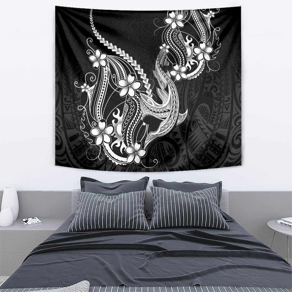 Black Aloha Hawaii Tapestry Polynesian Shark Tattoo With Plumeria - Polynesian Pride