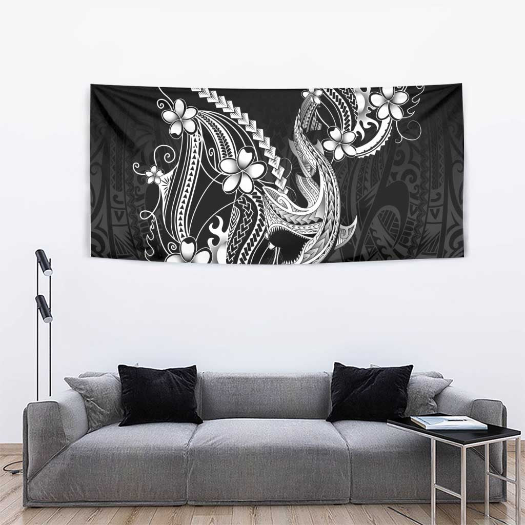 Black Aloha Hawaii Tapestry Polynesian Shark Tattoo With Plumeria - Polynesian Pride