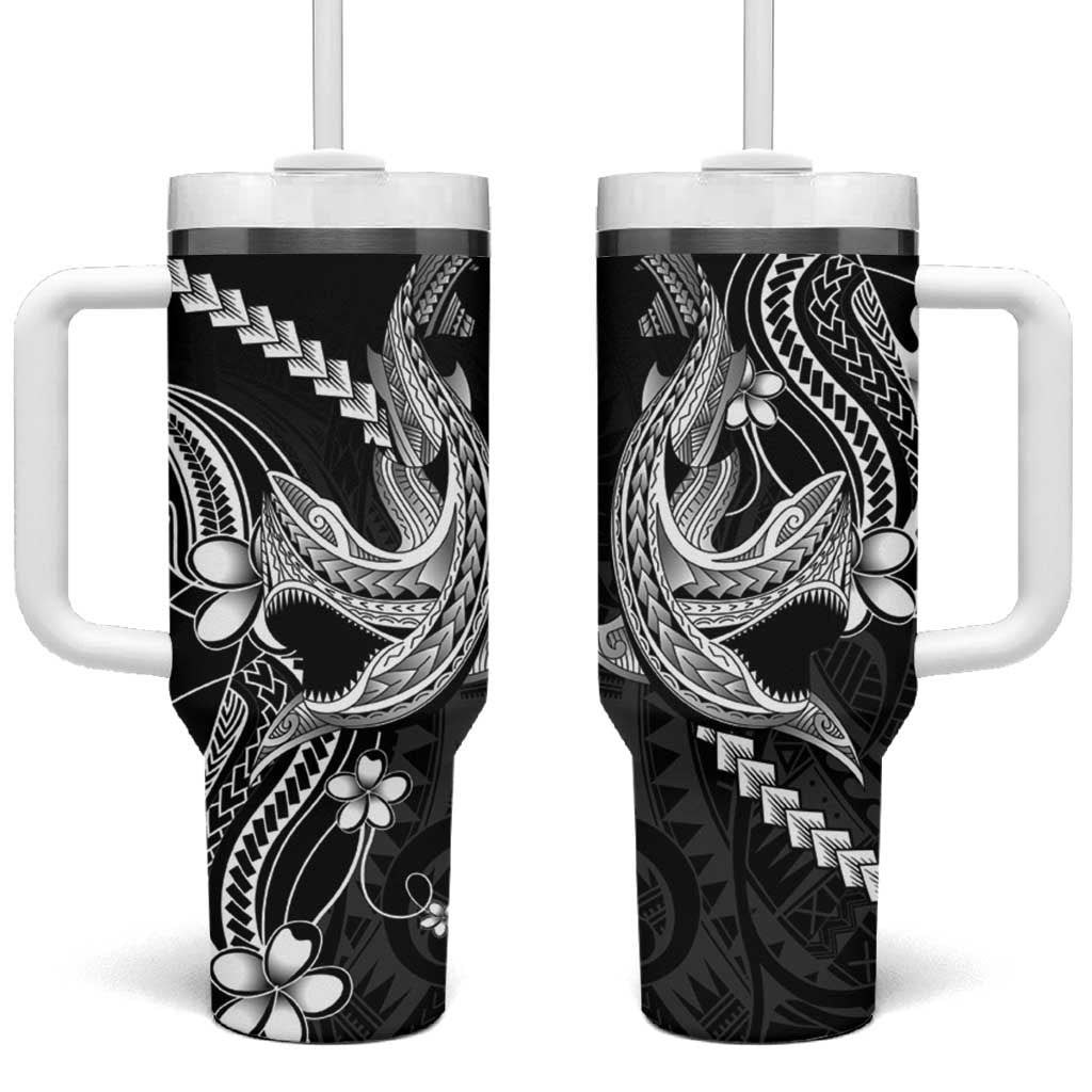 Black Aloha Hawaii Tumbler With Handle Polynesian Shark Tattoo With Plumeria - Polynesian Pride