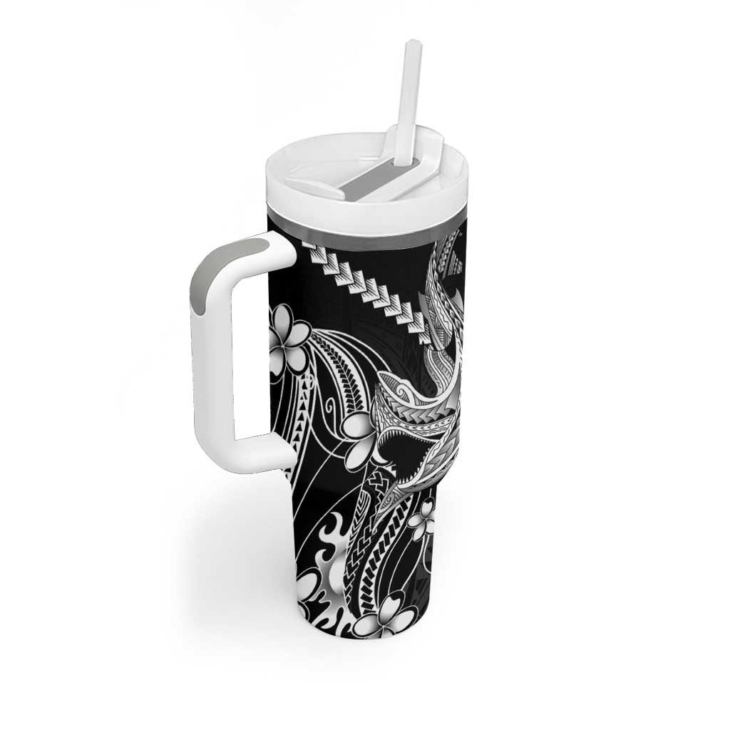 Black Aloha Hawaii Tumbler With Handle Polynesian Shark Tattoo With Plumeria - Polynesian Pride