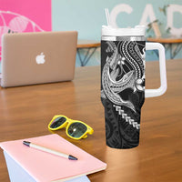 Black Aloha Hawaii Tumbler With Handle Polynesian Shark Tattoo With Plumeria - Polynesian Pride