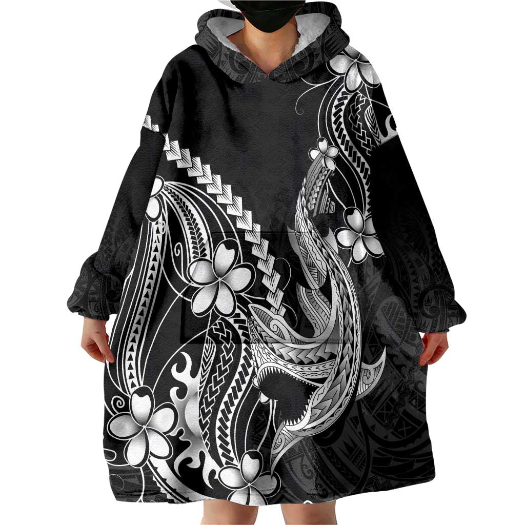 Black Aloha Hawaii Wearable Blanket Hoodie Polynesian Shark Tattoo With Plumeria LT14 - Polynesian Pride