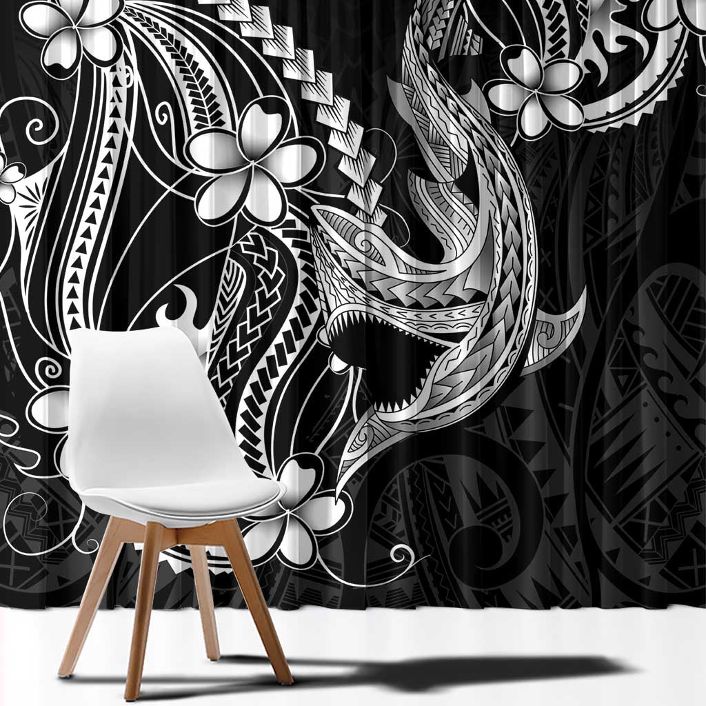 Black Aloha Hawaii Window Curtain Polynesian Shark Tattoo With Plumeria - Polynesian Pride