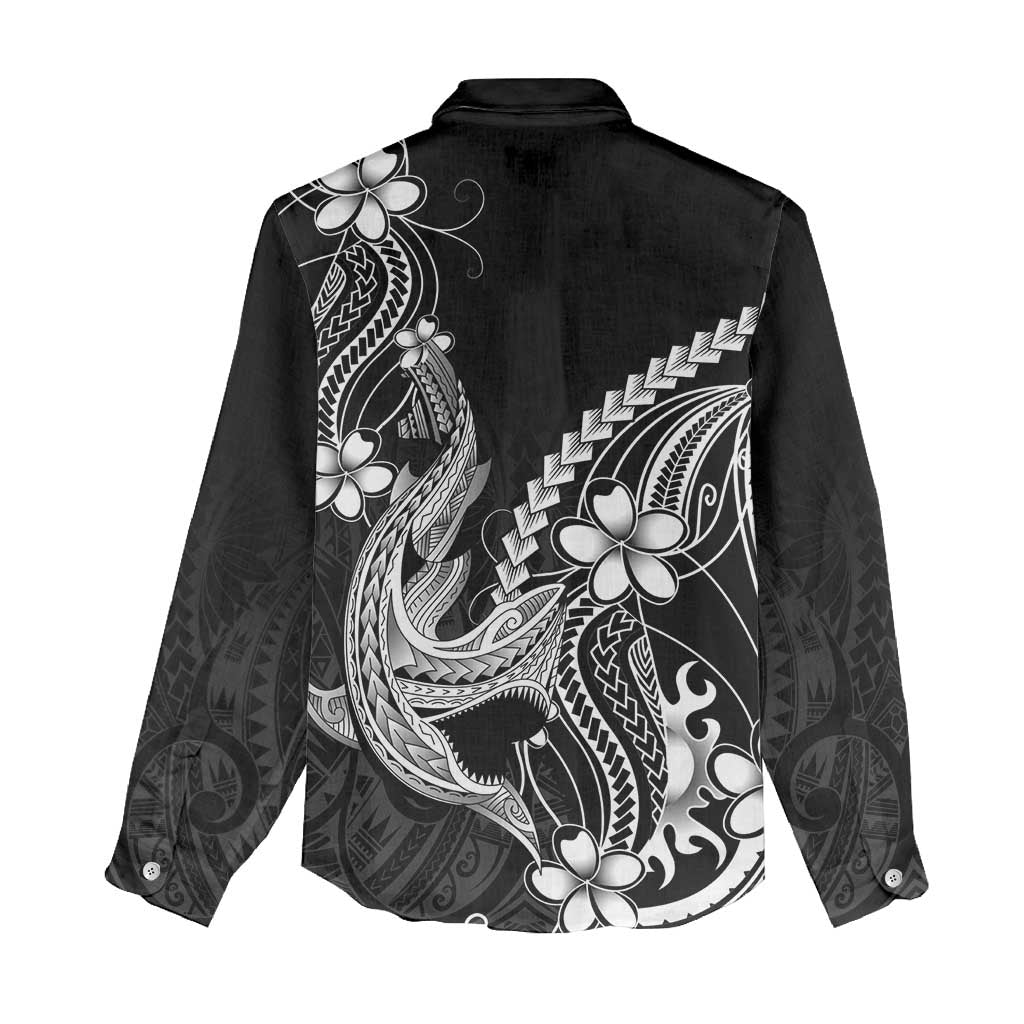 Black Aloha Hawaii Women Casual Shirt Polynesian Shark Tattoo With Plumeria - Polynesian Pride