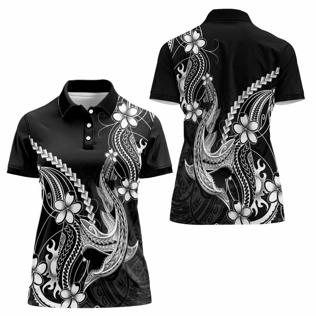 Black Aloha Hawaii Women Polo Shirt Polynesian Shark Tattoo With Plumeria - Polynesian Pride