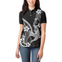 Black Aloha Hawaii Women Polo Shirt Polynesian Shark Tattoo With Plumeria - Polynesian Pride