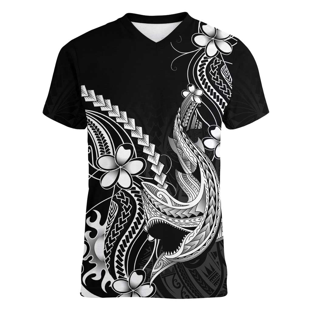 Black Aloha Hawaii Women V-Neck T-Shirt Polynesian Shark Tattoo With Plumeria LT14 Female Black - Polynesian Pride
